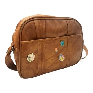 American Tourister 1970s Faux Brown Leather Shoulder Carry On Overnight Bag